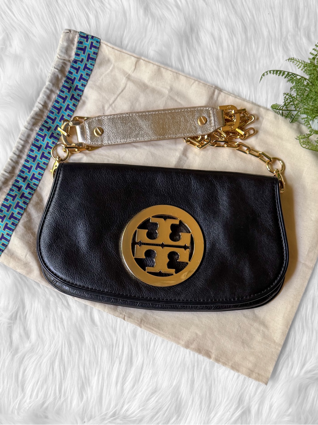 Tory Burch Black Leather Reva Clutch Gold Chain Strap Crossbody Purse Dust Bag